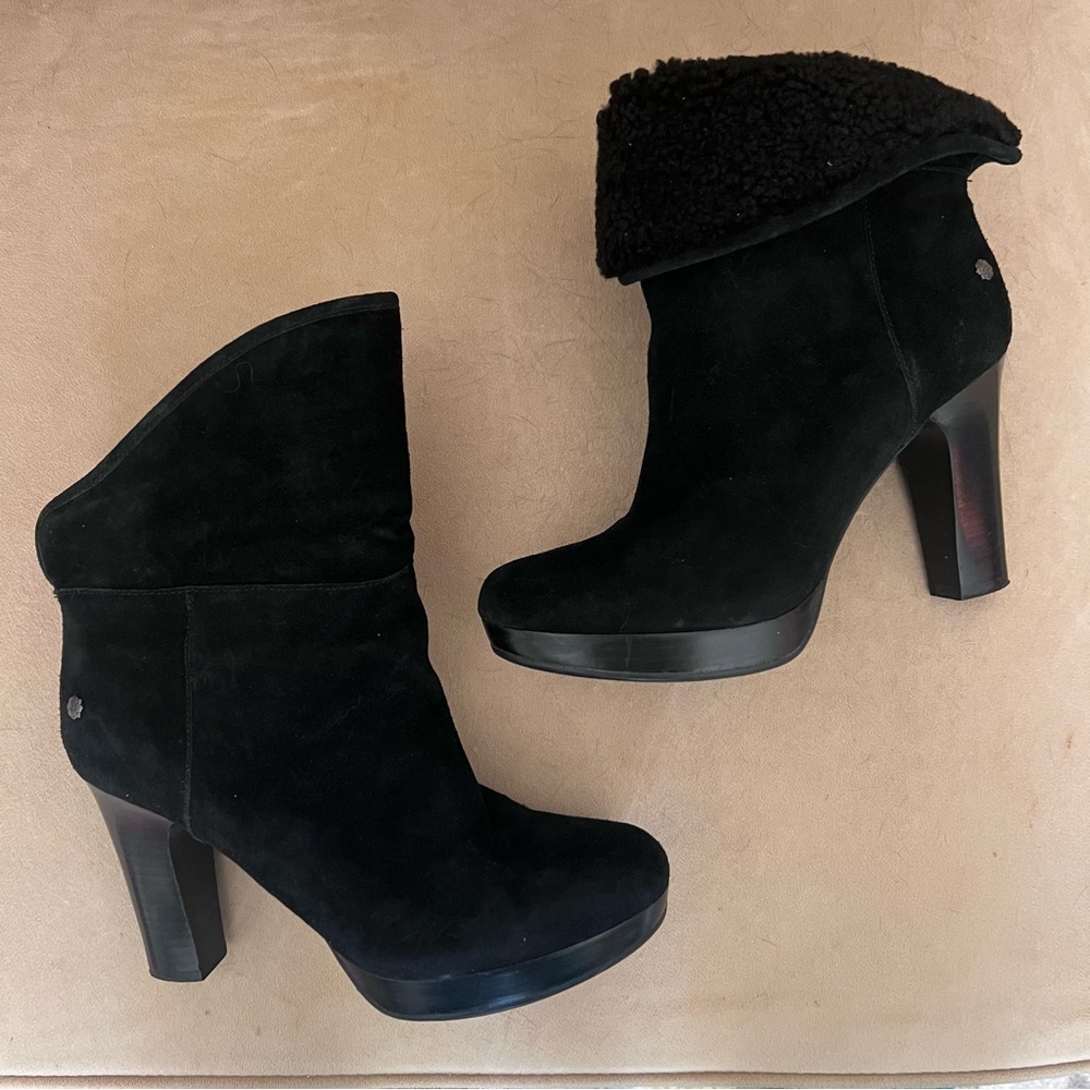 UGG Black Suede Heeled Boots with Shearling Cuff